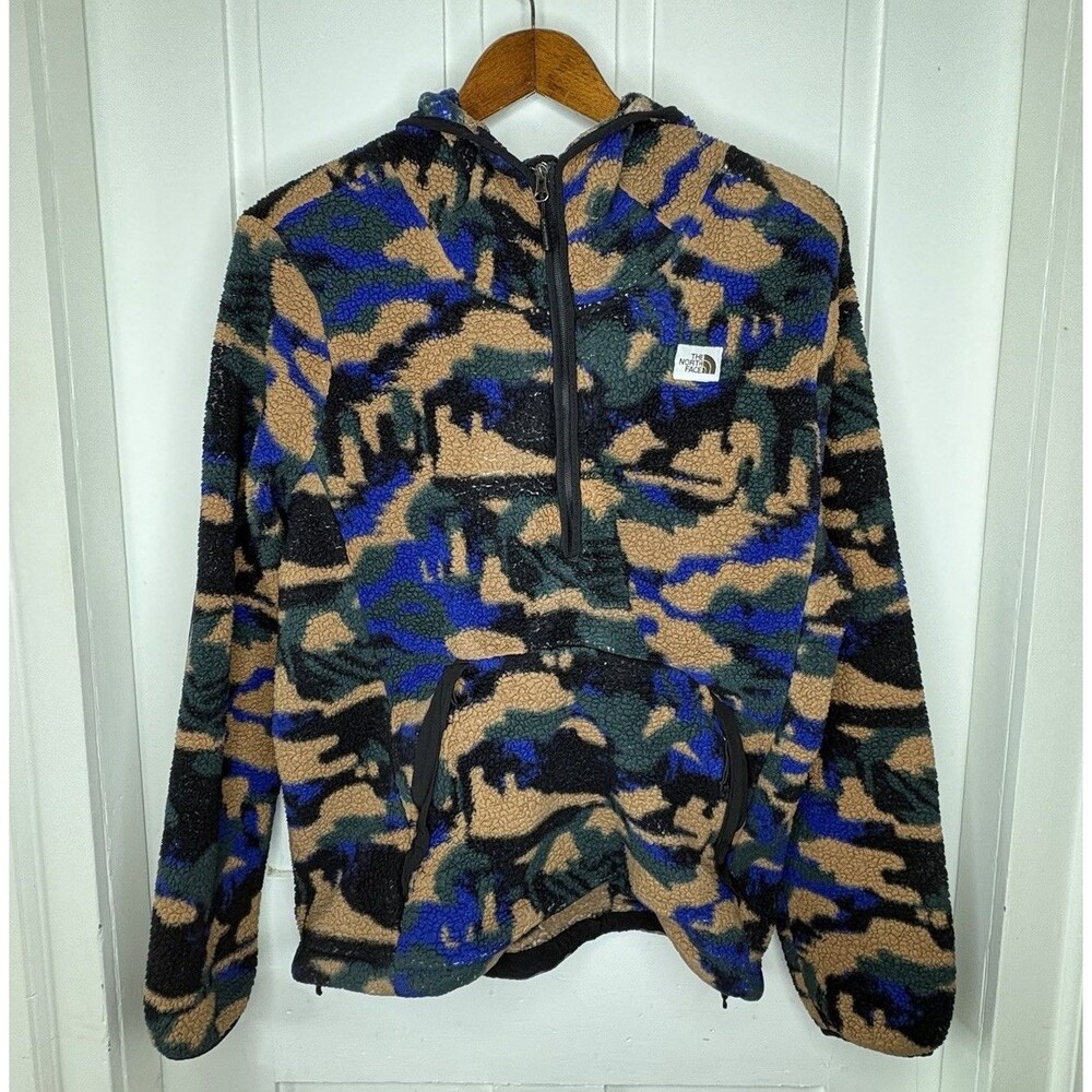 The North Face Campshire Fleece Hoodie Camo Blue Green Sherpa Pullover Jacket L